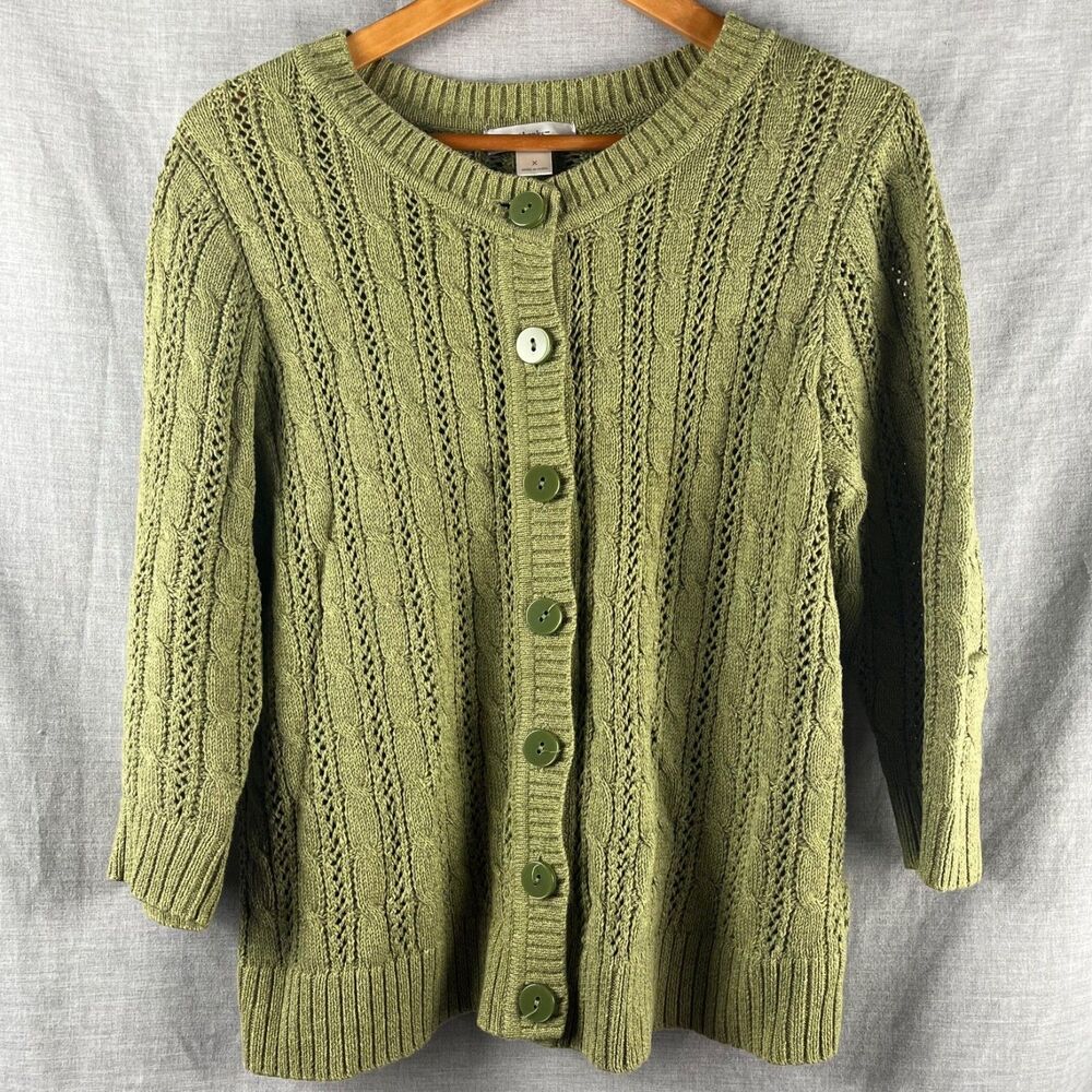 CJ Banks Cardigan Plus Size X (14W) Green Cotton Open Knit Button 3/4 Sleeve